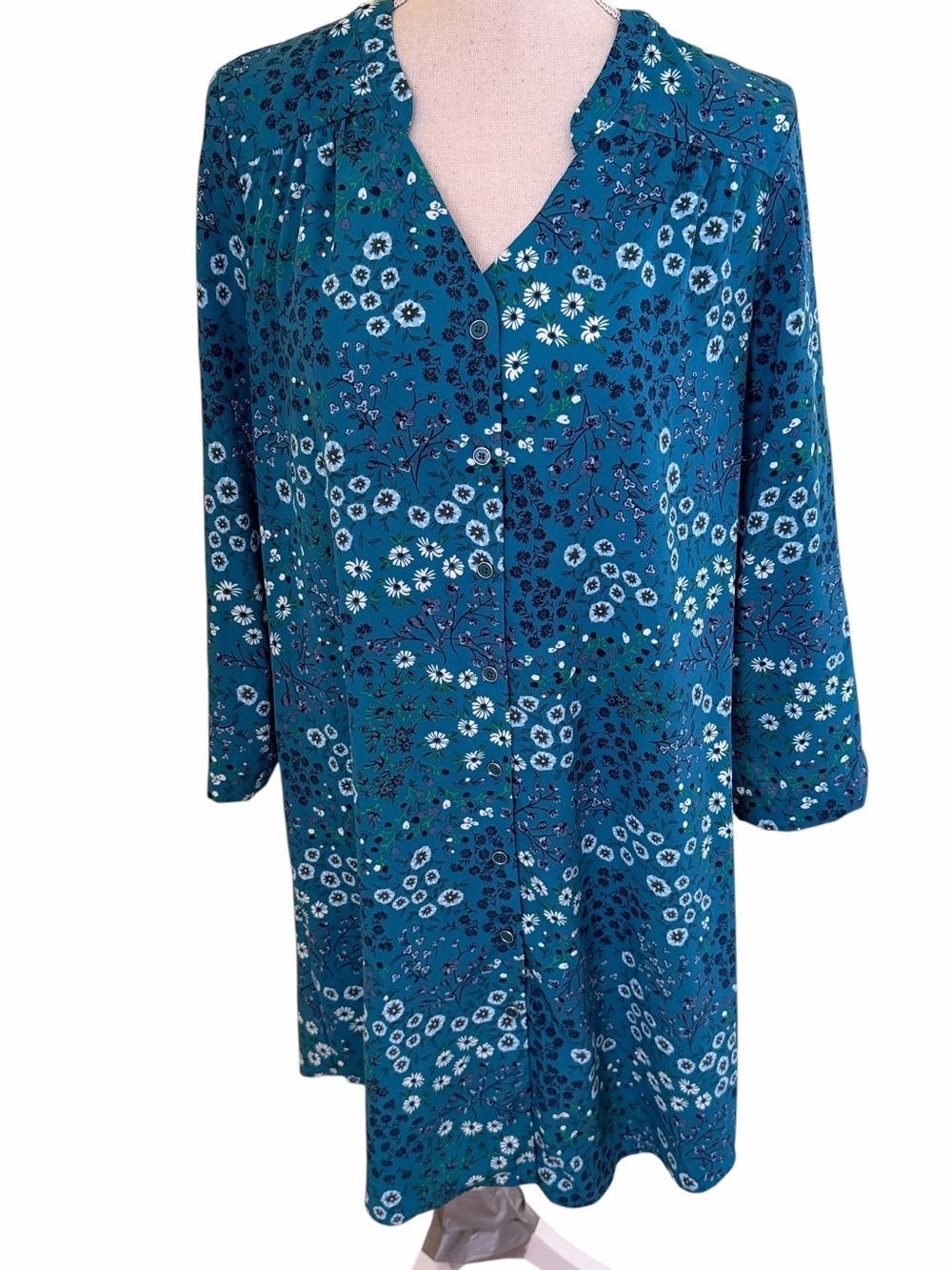 41 Hawthorn Teal Ditsy Floral Long-Sleeve V-Neck Shirt Dress M